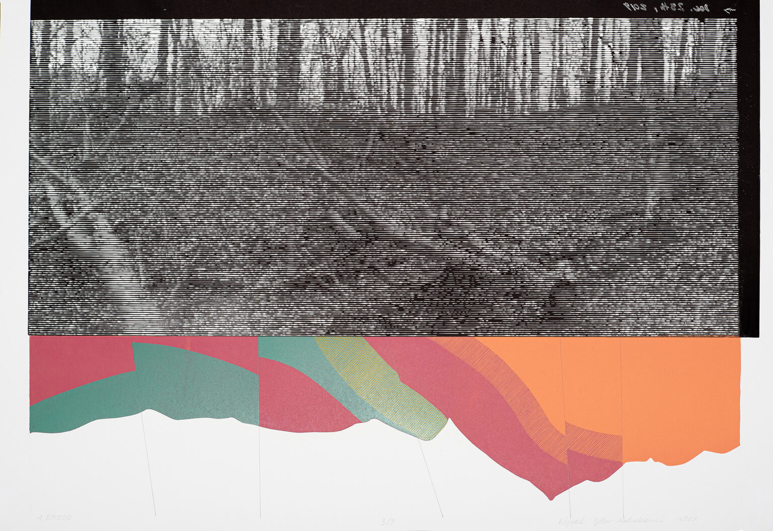 Grafika, linoryt. Leśny krajobraz połączony z kolorowym przekrojem geologicznym.