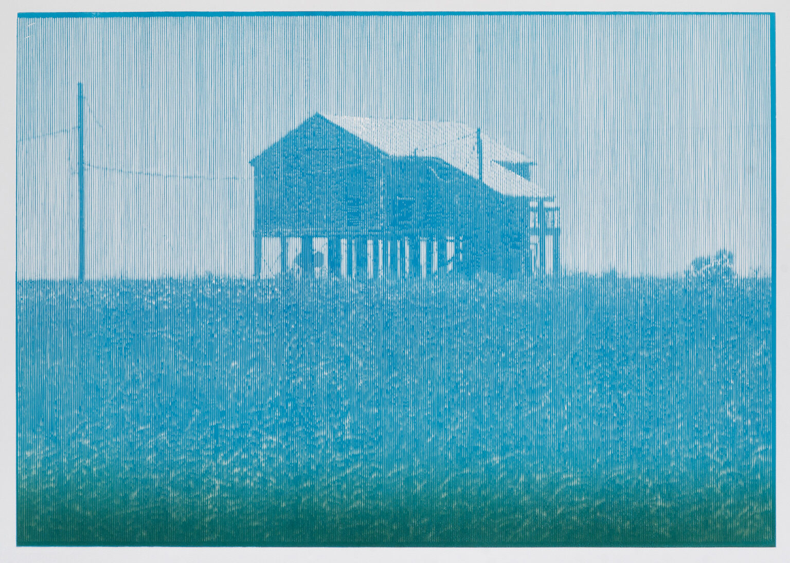 Grafika, linoryt. Krajobraz w odcieniach błękitu przedstawiający dom na palach.