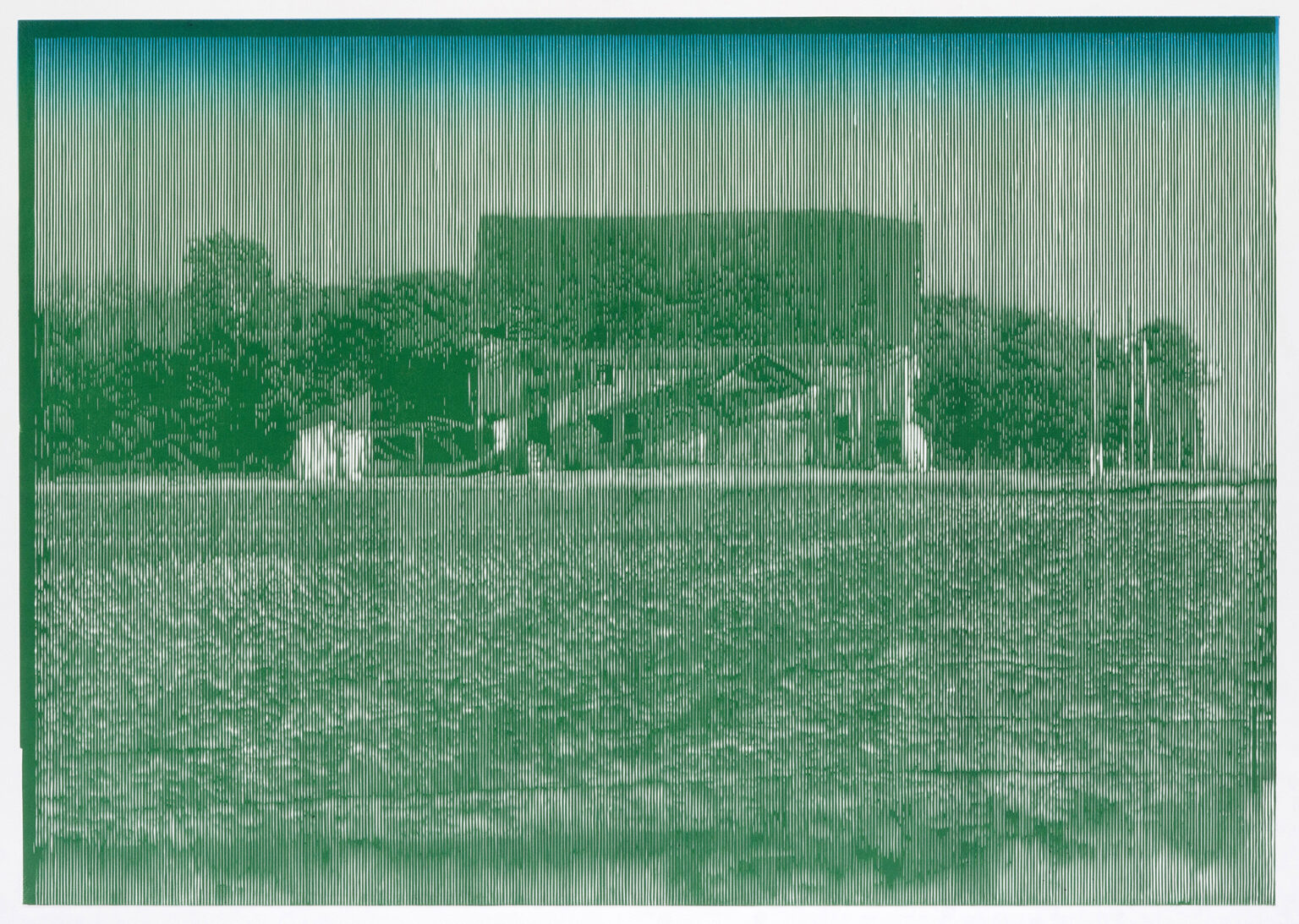 Grafika, linoryt. Krajobraz w odcieniach zieleni przedstawiający stary dom.