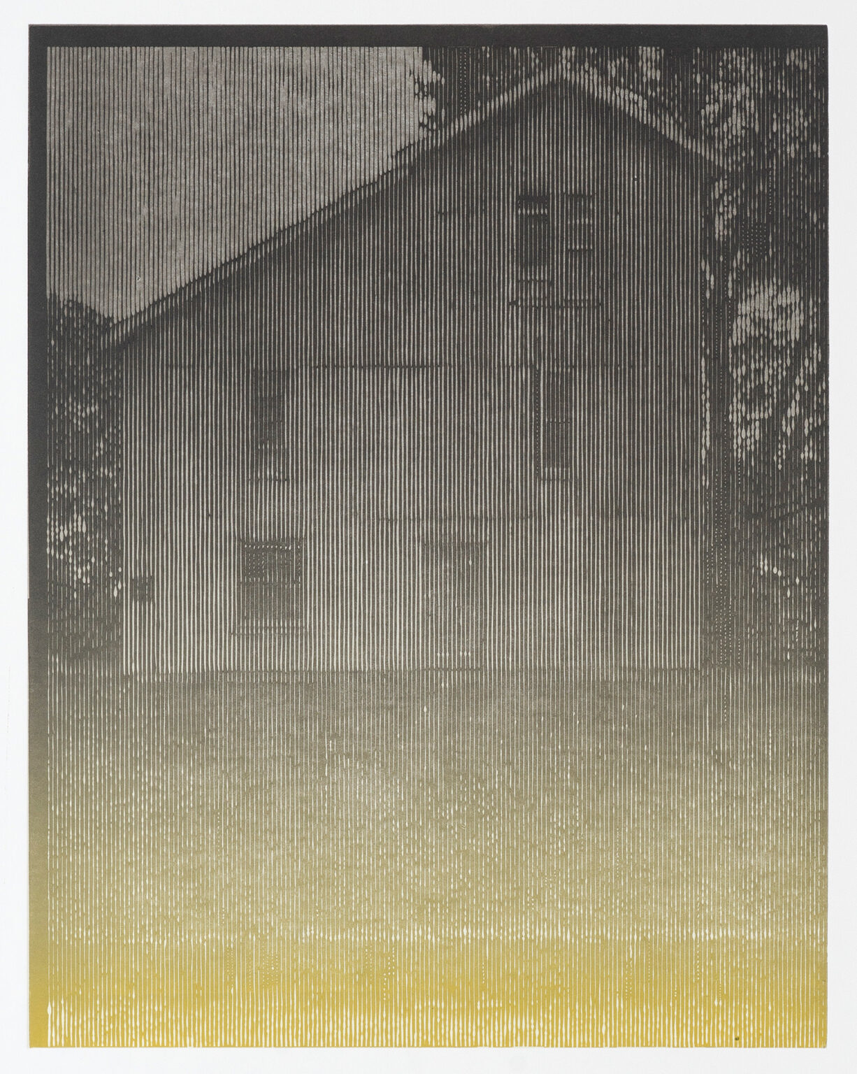 Grafika, linoryt. Dwupiętrowy dom w ziemistym kolorze.