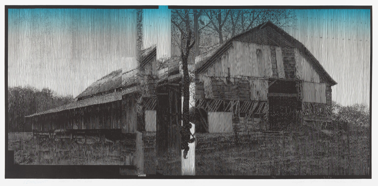 Grafika, linoryt. Stara waląca się stodoła.