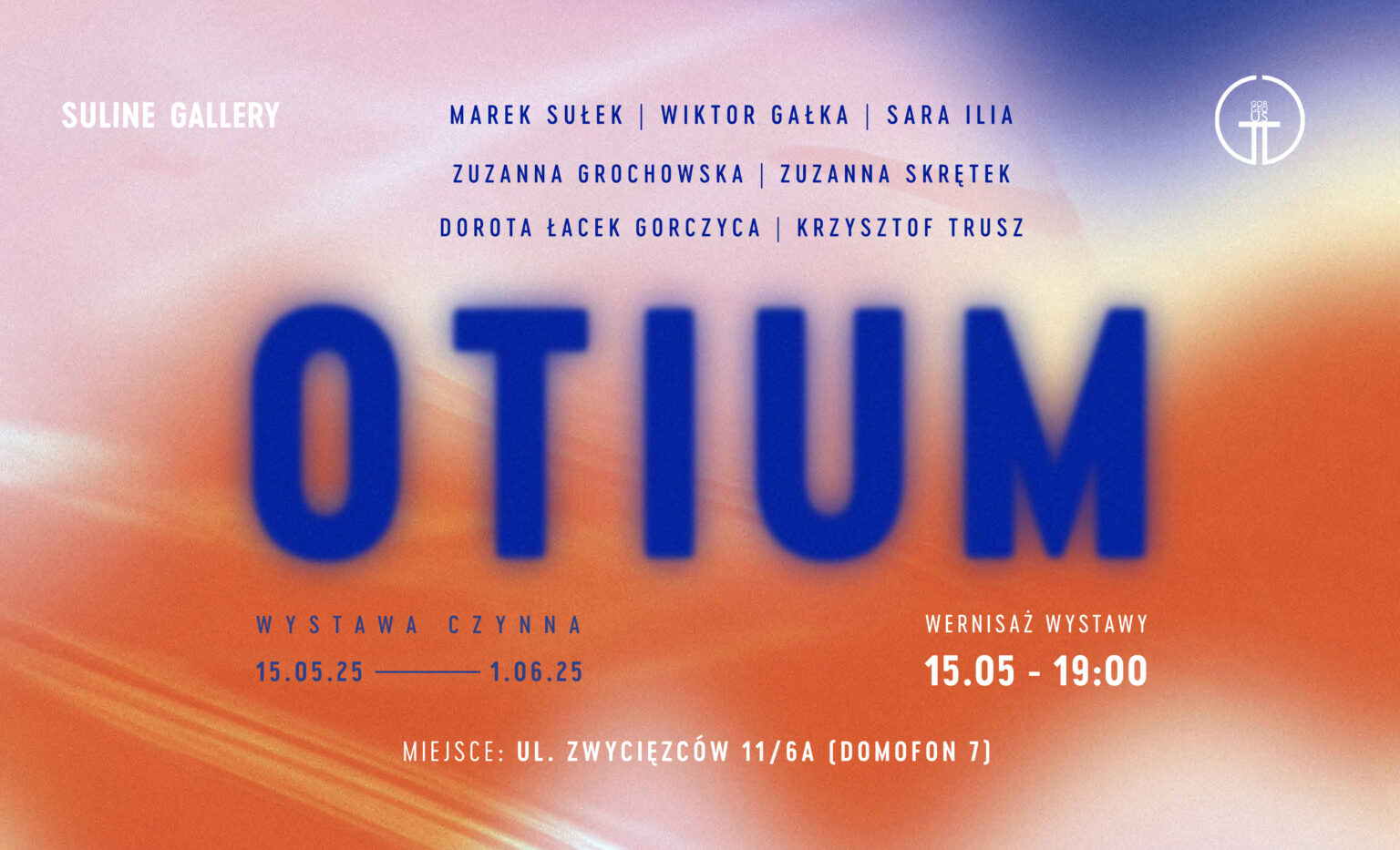 Infografika w kolorze pomarańczowym, ultramarynowym i różowym z napisem Otium i nazwiskami artystów, datą oraz miejscem otwarcia wystawy.