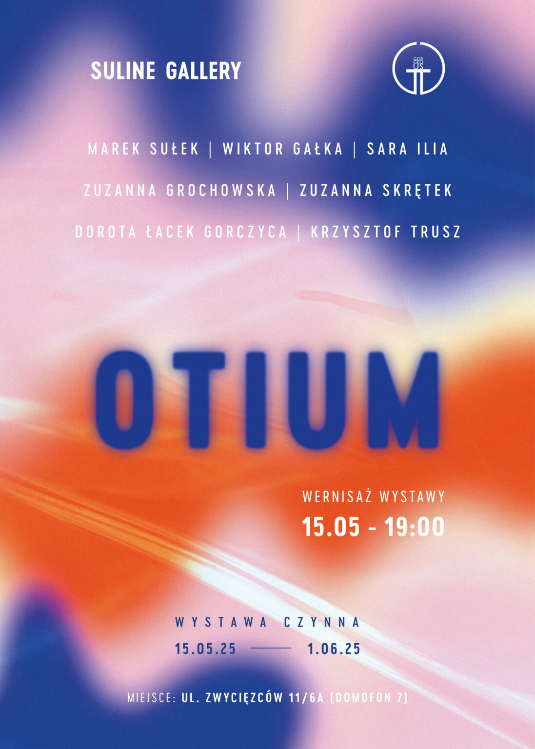 Infografika w kolorze pomarańczowym, ultramarynowym i różowym z napisem Otium i nazwiskami artystów, datą oraz miejscem otwarcia wystawy.
