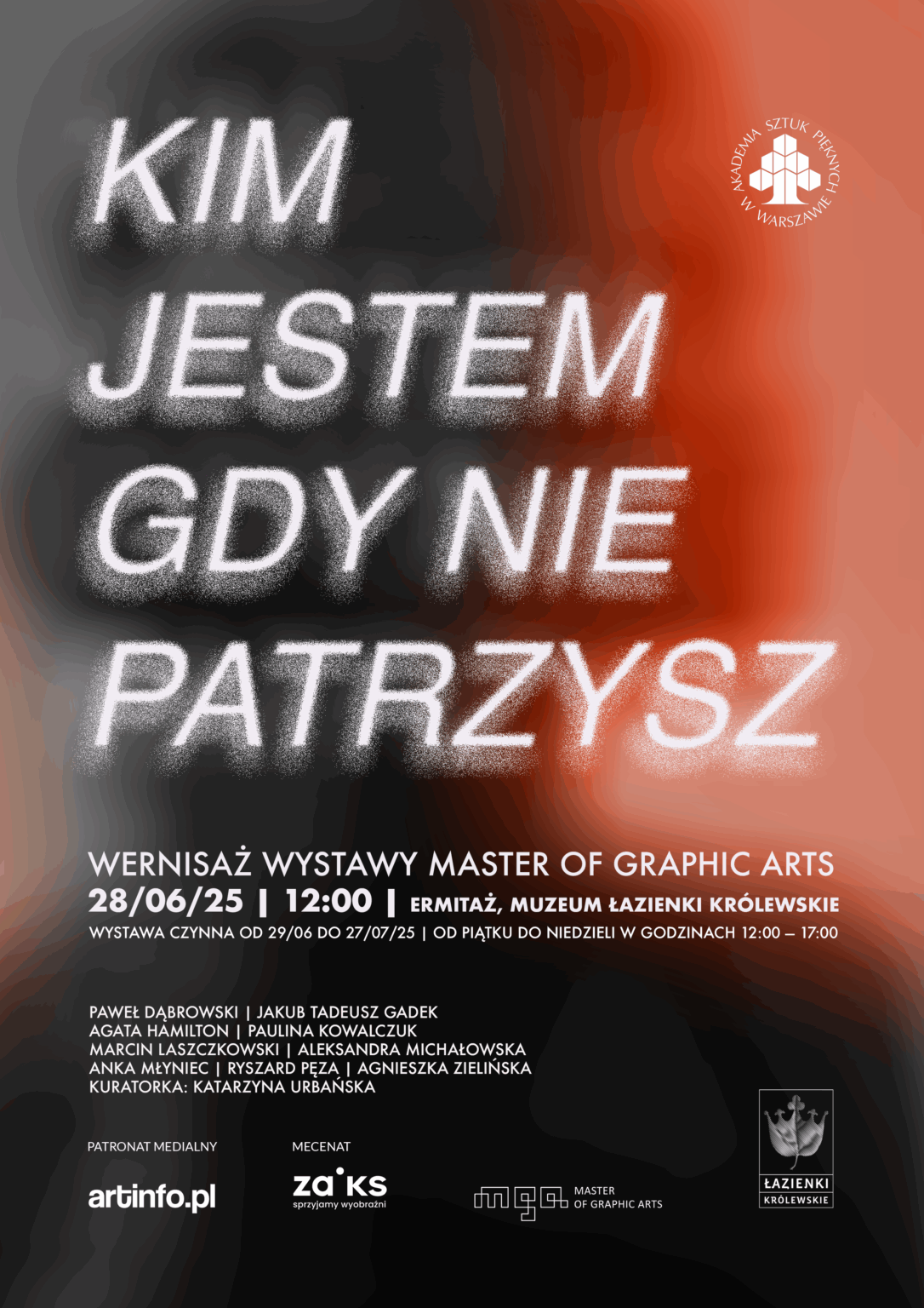 Infografika o wystawie w kolorach od szarości do czerwienie, w tle rozmyta twarz