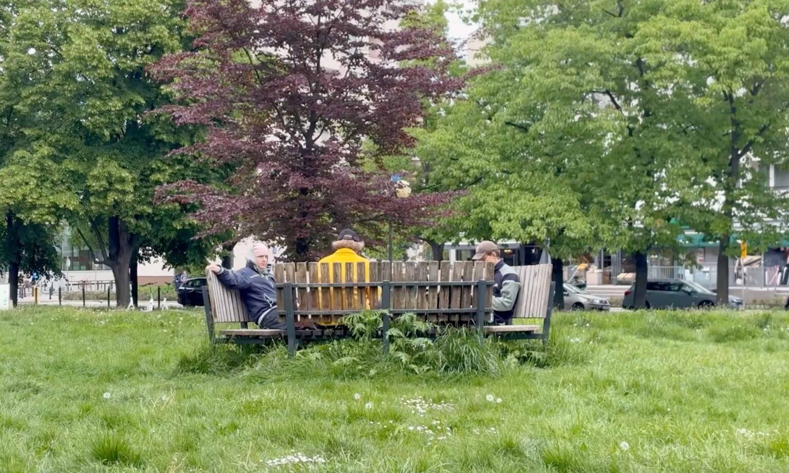 Klatka z filmu, trzech studentów siedzi na ławce w parku