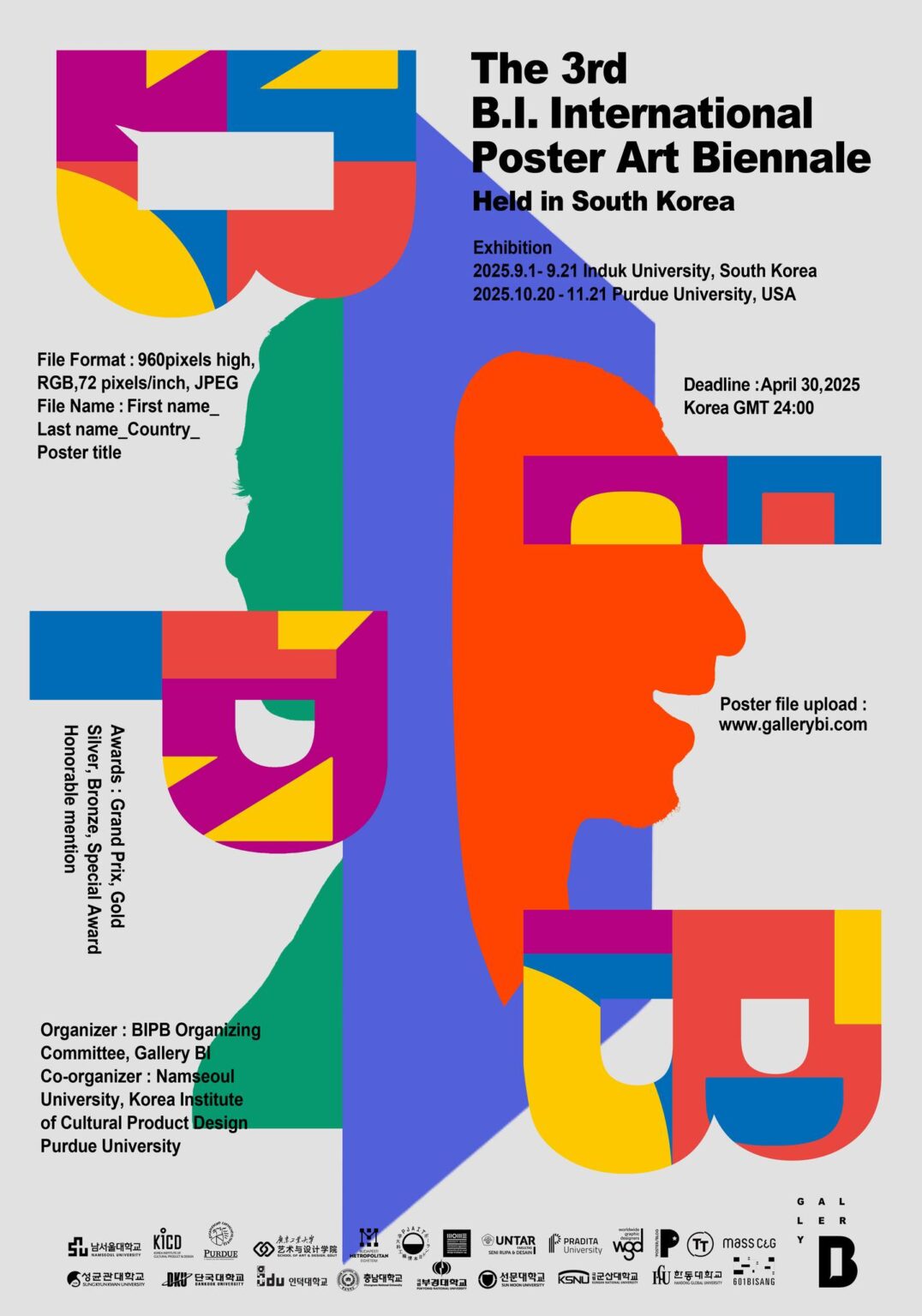 Infografika z głowami w różnych kolorach prezentująca 3. Międzynarodowe Biennale Plakatu w Seulu