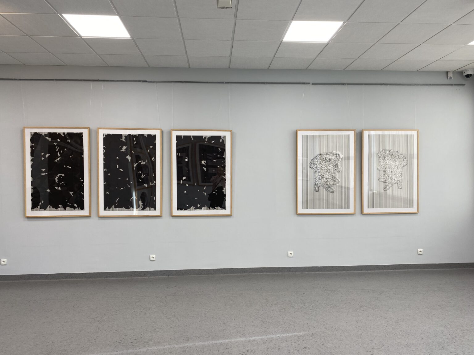 Widok 5 prac graficznych na wystawie w Galerii Uniwersyteckiej w Bielsko-Białej.