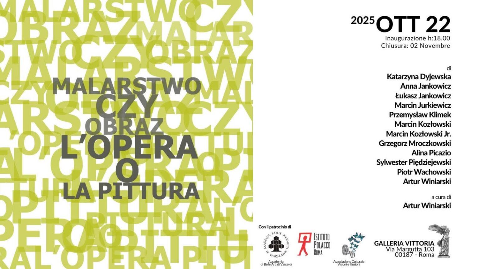 Plakat wystawy składającymi się z rozrzuconych liter tytułu wystawy Malarstwo czy Obraz/ L