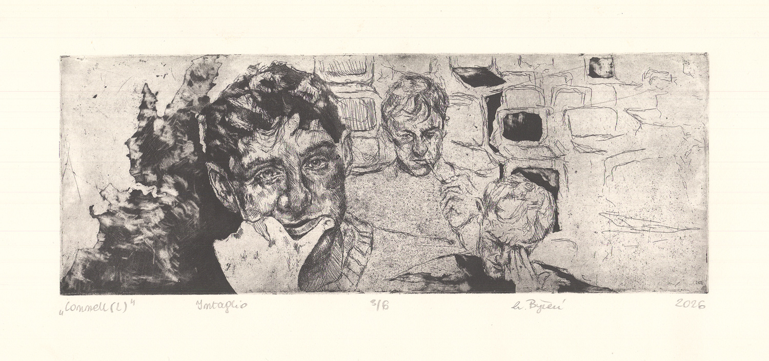 Praca graficzna z portretem zamyślonego mężczyzny na pierwszym planie