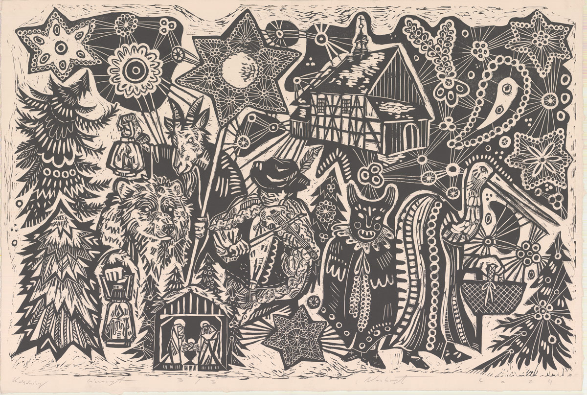 Drzeworyt z folklorystycznymi, podhalańskimi motywami