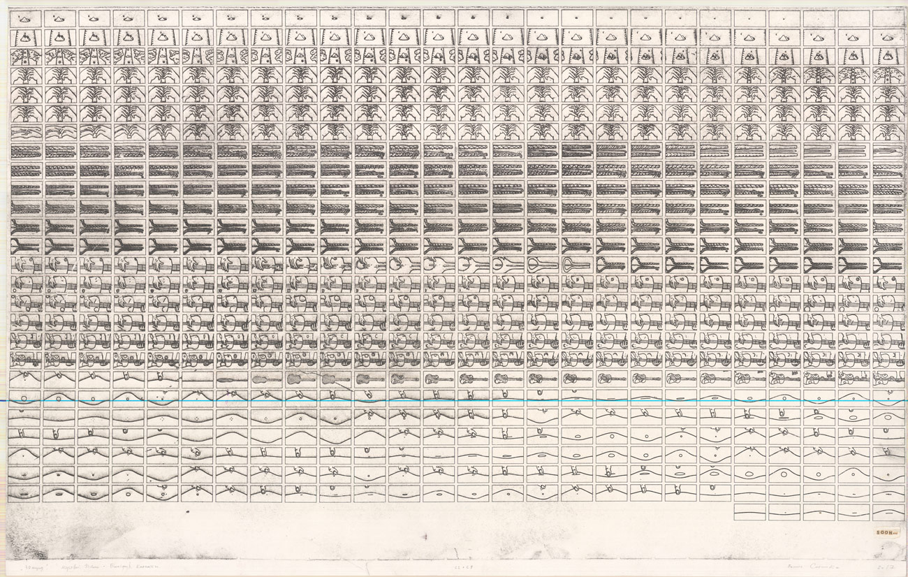 Praca graficzna o wyglądzie klatek z animacji, rozłożyć w w 27 rzędach, po 26 kolumn.