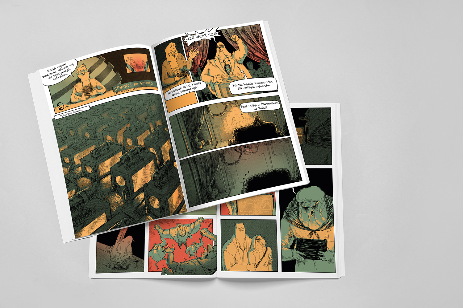 Dwa otwarte komiksy z ilustracjami